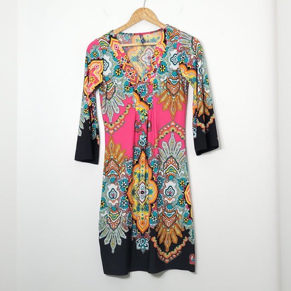 White Mark 3/4 Sleeve Shift Dress Mandala Print Multicolor Stretch Blend Small - Picture 1 of 9